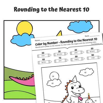 Round to 10 Color by Number — Dino and Birthday Cupcake - worksheet educational content