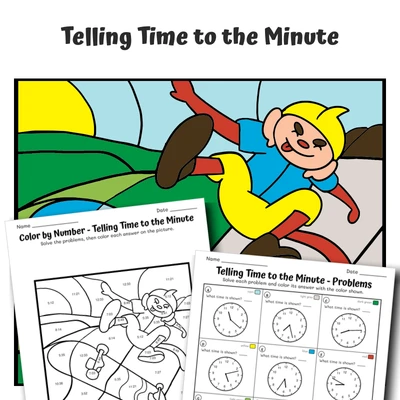 Time: Minute Color by Number — Ooki skateboarding - worksheet educational content