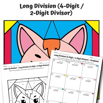 Long Division (advanced) Color by Number — Animal face - Cat - worksheet educational content