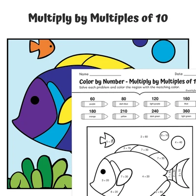 Multiply by Multiples of 10 Color by Number — fish 13 - worksheet educational content