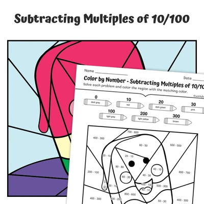 Subtract Multiples of 10 Color by Number — Beaming Popsicle - worksheet educational content