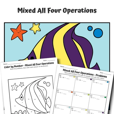 Four Operations Mixed Color by Number — fish 20 - worksheet educational content