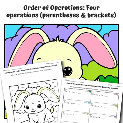 Order of Operations Color by Number — Bunny with Floppy Ears - worksheet educational content