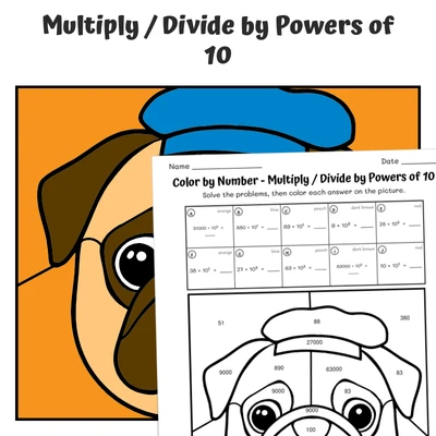 Powers of 10 Color by Number — Pug Dog - worksheet educational content