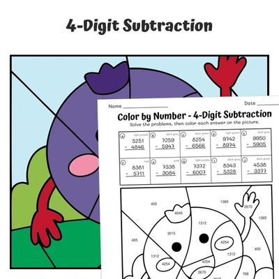 4-Digit Subtraction Color by Number — Blueberry - worksheet educational content