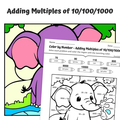 Add Multiples of 10 Color by Number — Elephant Spraying Water Playfully - worksheet educational content