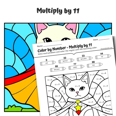 × 11 Color by Number — Cat wearing a superhero cape - worksheet educational content