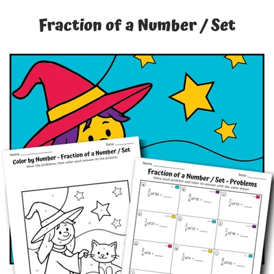 Fraction of a Number Color by Number — Witch with a Friendly Cat - worksheet educational content