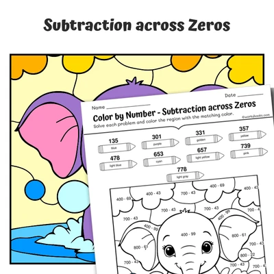 Subtract across Zeros Color by Number — Elephant Bathing River Splashing - worksheet educational content
