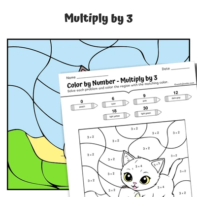 × 3 Color by Number — cat playing with paper roll - worksheet educational content