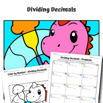 Divide Decimals Color by Number — Dino's Yummy Cooking - worksheet educational content