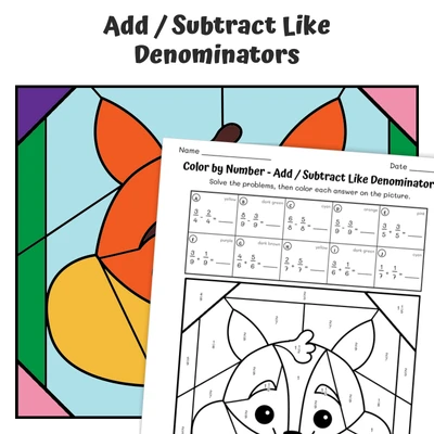 Fractions (like denom) Color by Number — Animal face - Squirrel - worksheet educational content