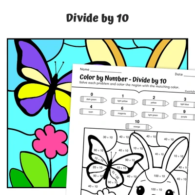 div by 10 Color by Number — Bunny with a Butterfly Friend - worksheet educational content
