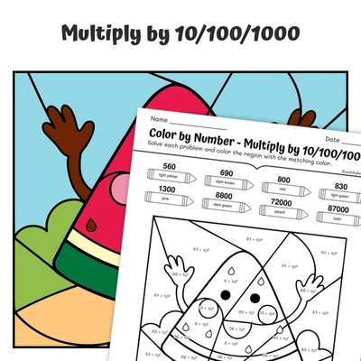 Multiply by 10, 100, 1000 Color by Number — Watermelon - worksheet educational content