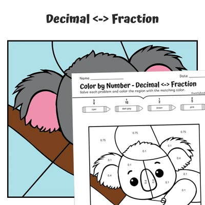 Decimal to Fraction Color by Number — Zoo Animal  Koala - 2 - worksheet educational content