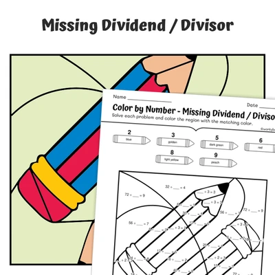 Missing Number Division Color by Number — pencils - worksheet educational content