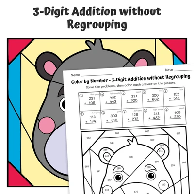 3-Digit Addition (no regrouping) Color by Number — Animal face - Hippo - worksheet educational content