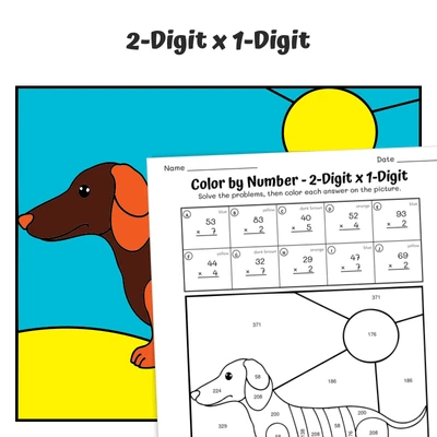 2-Digit x 1-Digit Color by Number — Dachshund in Yarn - worksheet educational content