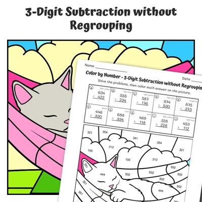 3-Digit Subtraction (no regrouping) Color by Number — Cat napping in a hammock - worksheet educational content