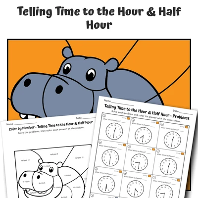 Time: Hour & Half Color by Number — Zoo Animal Hippopotamus - worksheet educational content