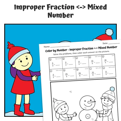 Improper & Mixed Color by Number — Building a Snowman - worksheet educational content