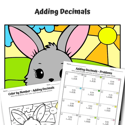 Add Decimals Color by Number — Bunny with a Fluffy Tail - worksheet educational content