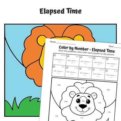 Elapsed Time Color by Number — Zoo Animal Lion - 2 - worksheet educational content