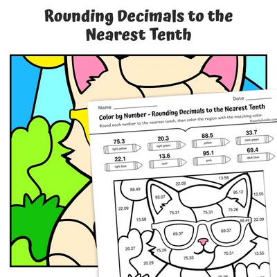 Round Decimal (tenths) Color by Number — Cat wearing sunglasses - worksheet educational content