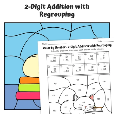 2-Digit Addition (regrouping) Color by Number — cat sleeping on books - worksheet educational content