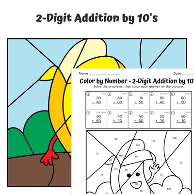 Add Tens Color by Number — Banana - worksheet educational content