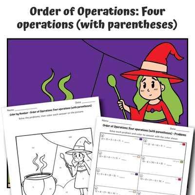 Order of Operations Color by Number — Witch Stirring a Cauldron - worksheet educational content