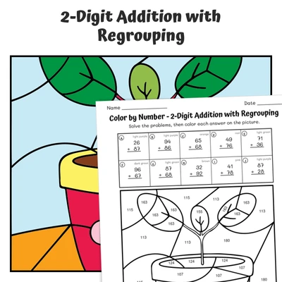 2-Digit Addition (regrouping) Color by Number — plant 2 - worksheet educational content