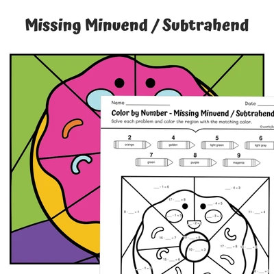 Missing Number Subtraction Color by Number — Grinning Donut - worksheet educational content