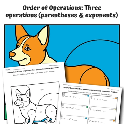 Order of Operations Color by Number — Corgi Dog - worksheet educational content