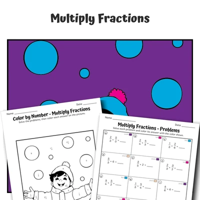 Multiply Fractions Color by Number — Catching Snowflakes - worksheet educational content