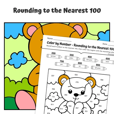 Round to 100 Color by Number — Teddy Bear's Heart - worksheet educational content