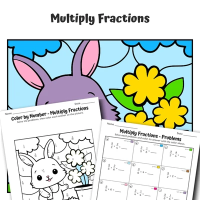Multiply Fractions Color by Number — Bunny with flower pot - worksheet educational content