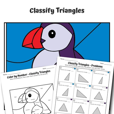 Classify Triangles Color by Number — Puffin Artic Animal - worksheet educational content