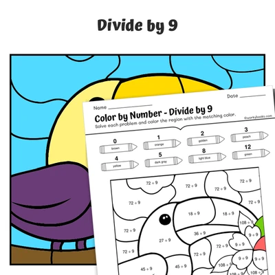 div by 9 Color by Number — Hippo with heart-shaped ears - worksheet educational content