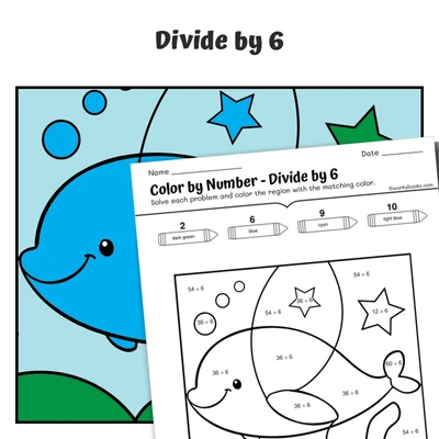 div by 6 Color by Number — Artic Animal Beluga Whale - worksheet educational content