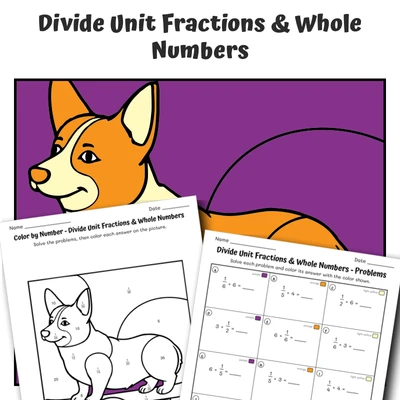 Divide Fractions Color by Number — Corgi on Skateboard - worksheet educational content