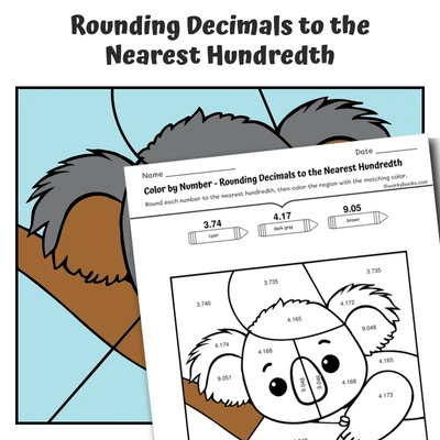 Round Decimal (hundredths) Color by Number — Zoo Animal  Koala - worksheet educational content