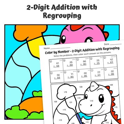 2-Digit Addition (regrouping) Color by Number — Dino's Yummy Cooking - worksheet educational content