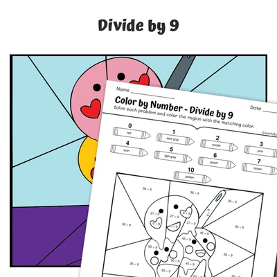 div by 9 Color by Number — Grinning Gelato - worksheet educational content