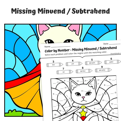 Missing Number Subtraction Color by Number — Cat wearing a superhero cape - worksheet educational content