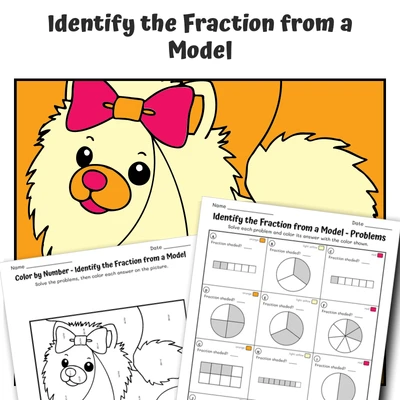 Identify Fractions Color by Number — Pomeranian with Rainbow Bow - worksheet educational content