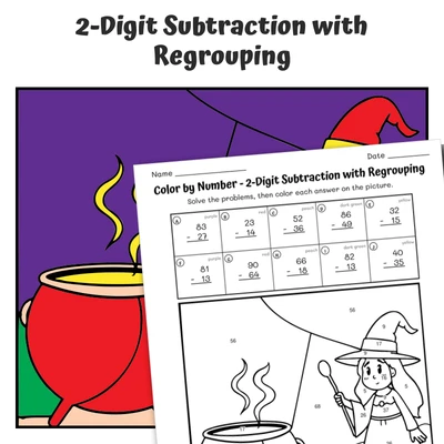 2-Digit Subtraction (regrouping) Color by Number — Witch Stirring - worksheet educational content