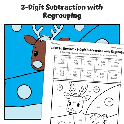 3-Digit Subtraction (regrouping) Color by Number — Artic Animal Caribou - worksheet educational content