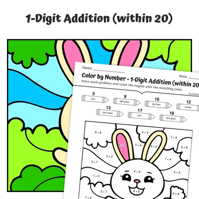 Addition within 20 Color by Number — Bunny with a Smiling Carrot - worksheet educational content