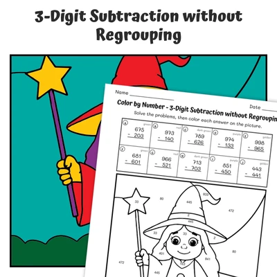 3-Digit Subtraction (no regrouping) Color by Number — Witch with a Magic Wand - worksheet educational content